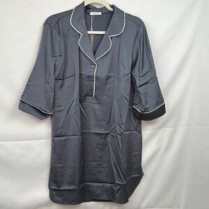 Ekouaer gray and white satin button down night shirt 1/2 sleeve size medium NWT